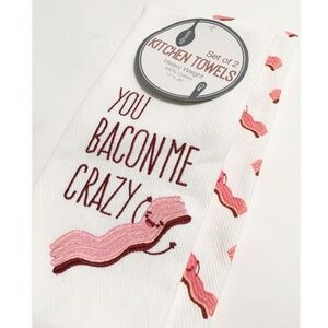 Spoon Bacon Kitchen Towel 2pc Set White Embroidered “You Bacon Me Crazy” NWT